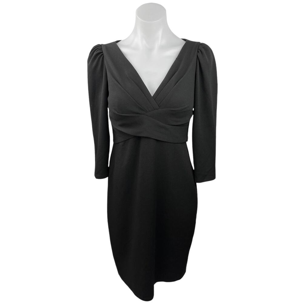 Maggy London Black V Neck Puff Sleeve Pleated Cocktail Mini Sheath Dress Size 4